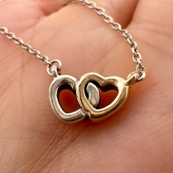 Real Pandora 14k Solid Gold & 925 Silver Double Heart Ring Pendant Chain Engagem - Picture 14 of 15